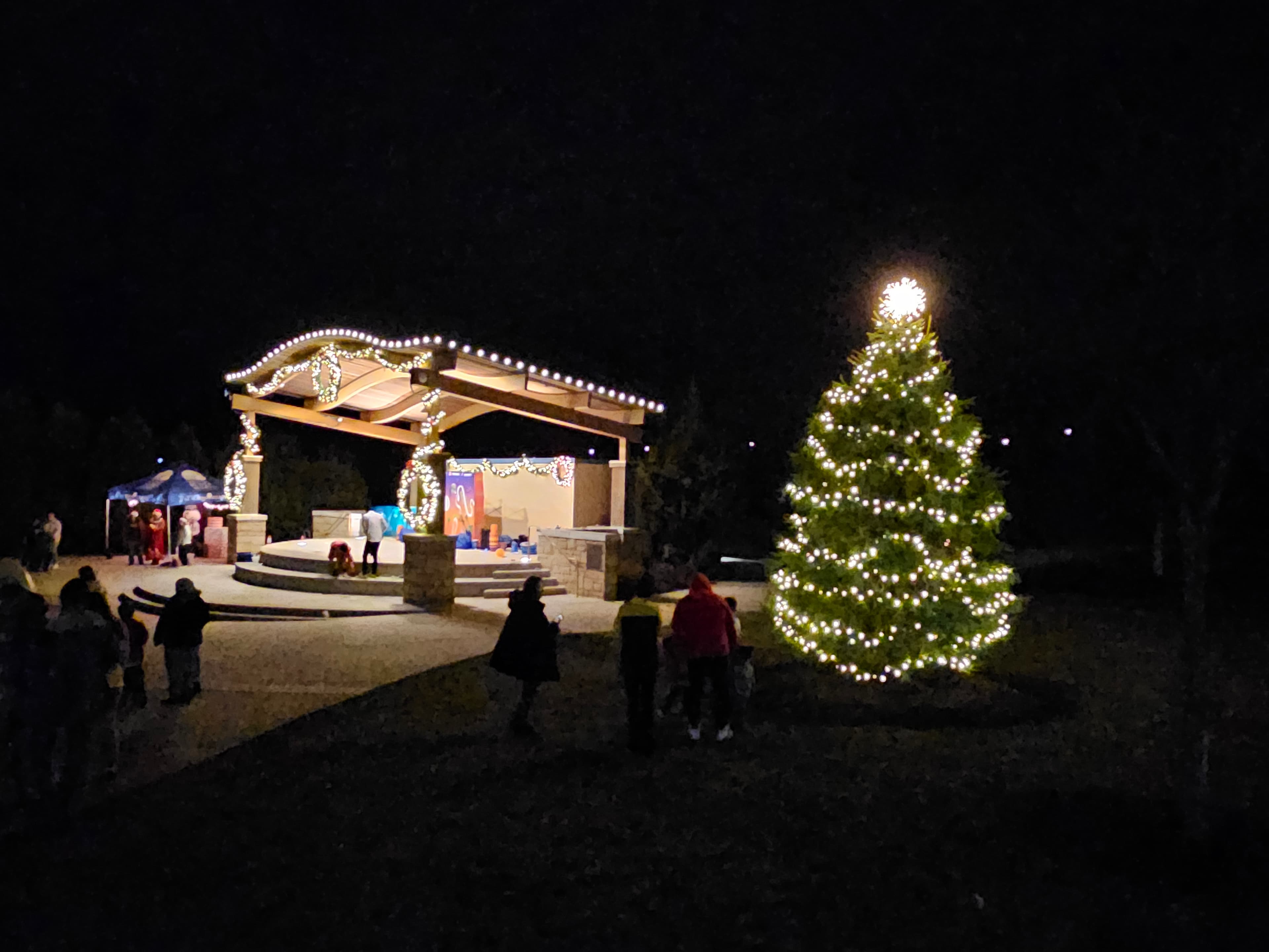 Public pavilion and Christmas tree illuminated for a community holiday gathering