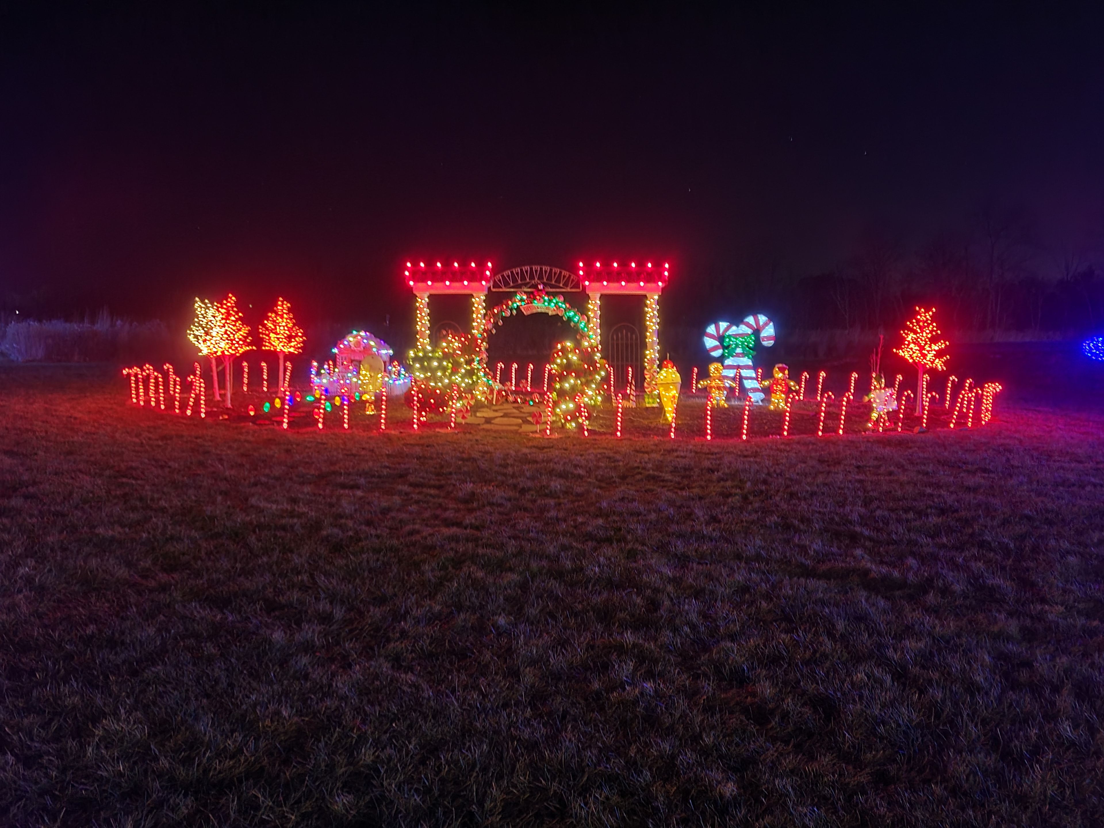 Immersive red, white, and green candy-cane Christmas display